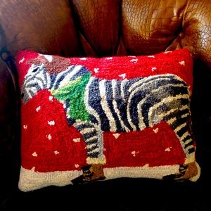 EUC woven zebra Christmas / winter pillow with duck boots anthro